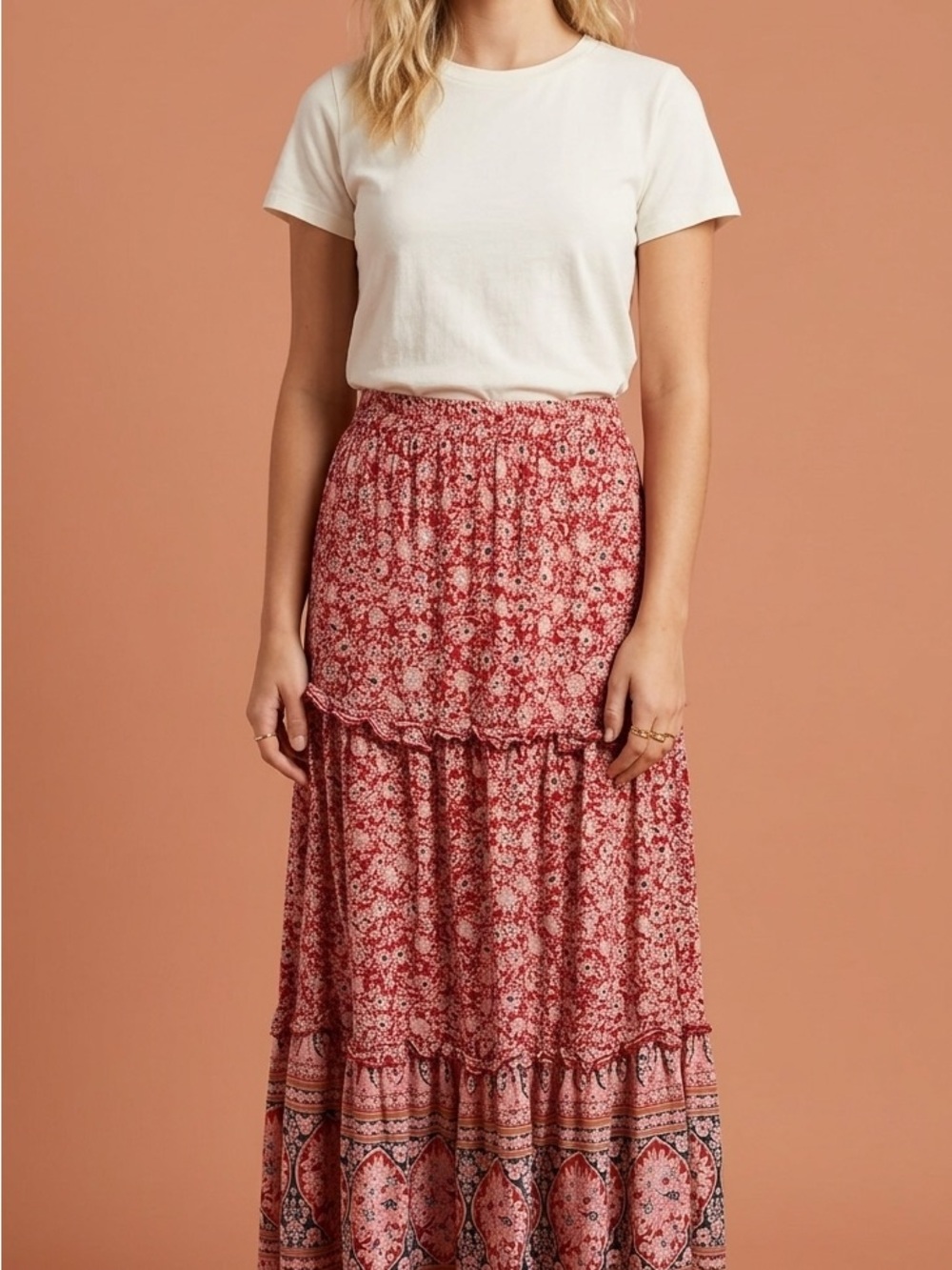 SHEIN Red Floral Tiered Maxi Skirt
